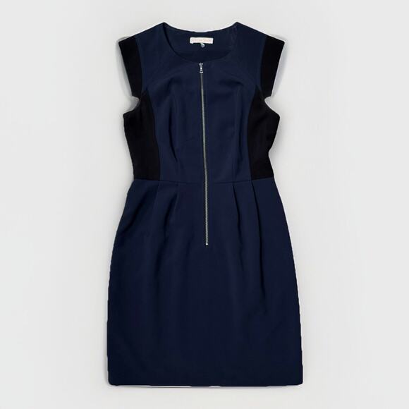Rebecca Taylor Sheath Dress Size 6 Womens Cap Sleeve Zip Front Navy Blue Black - Picture 1 of 13